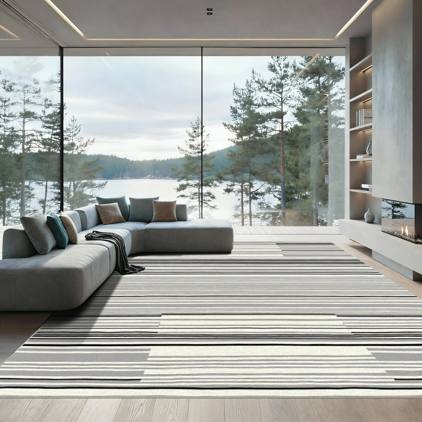 Modern Gray Black Stripe Rectangular Rug