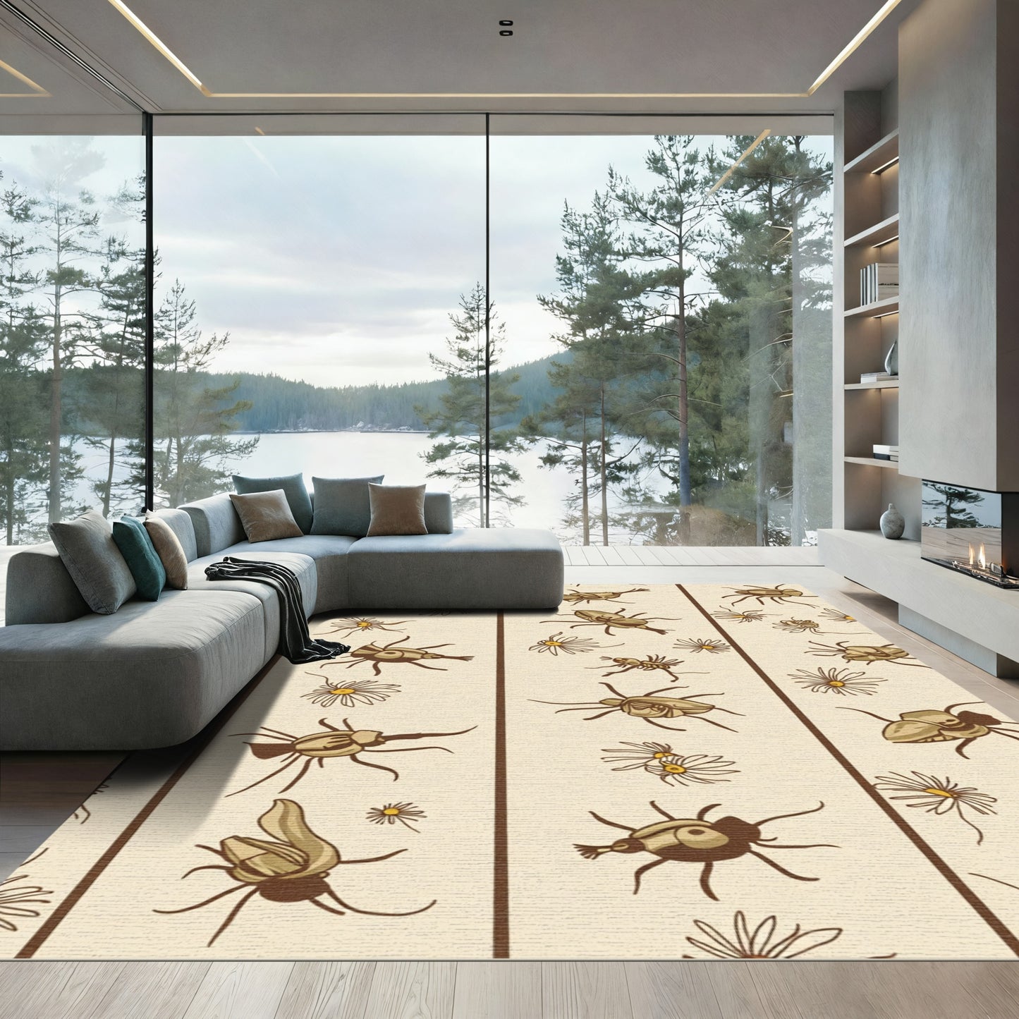 Whimsical Brown Bug Floral Stripe Rug