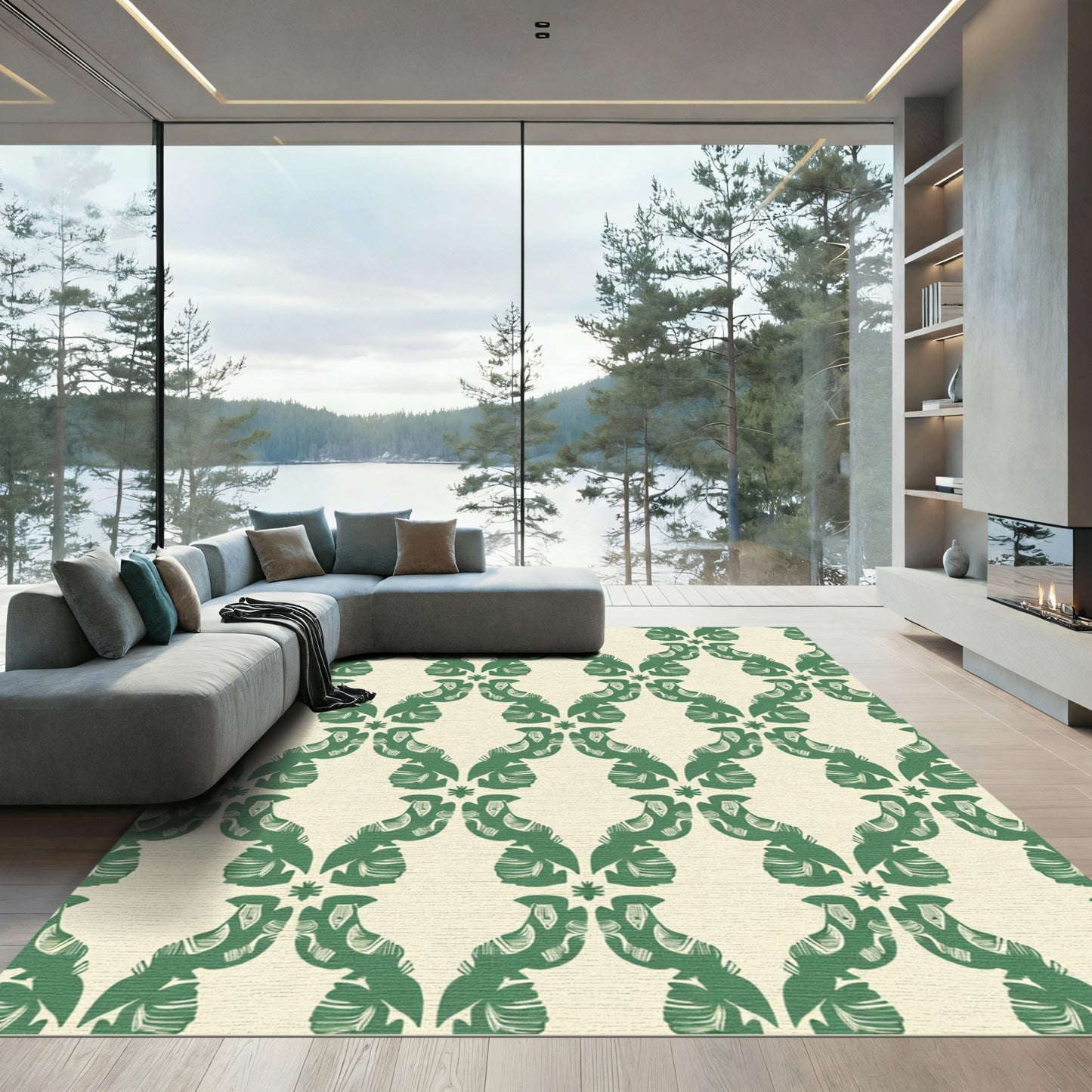 Emerald Green Stylized Geometric Birds Rug