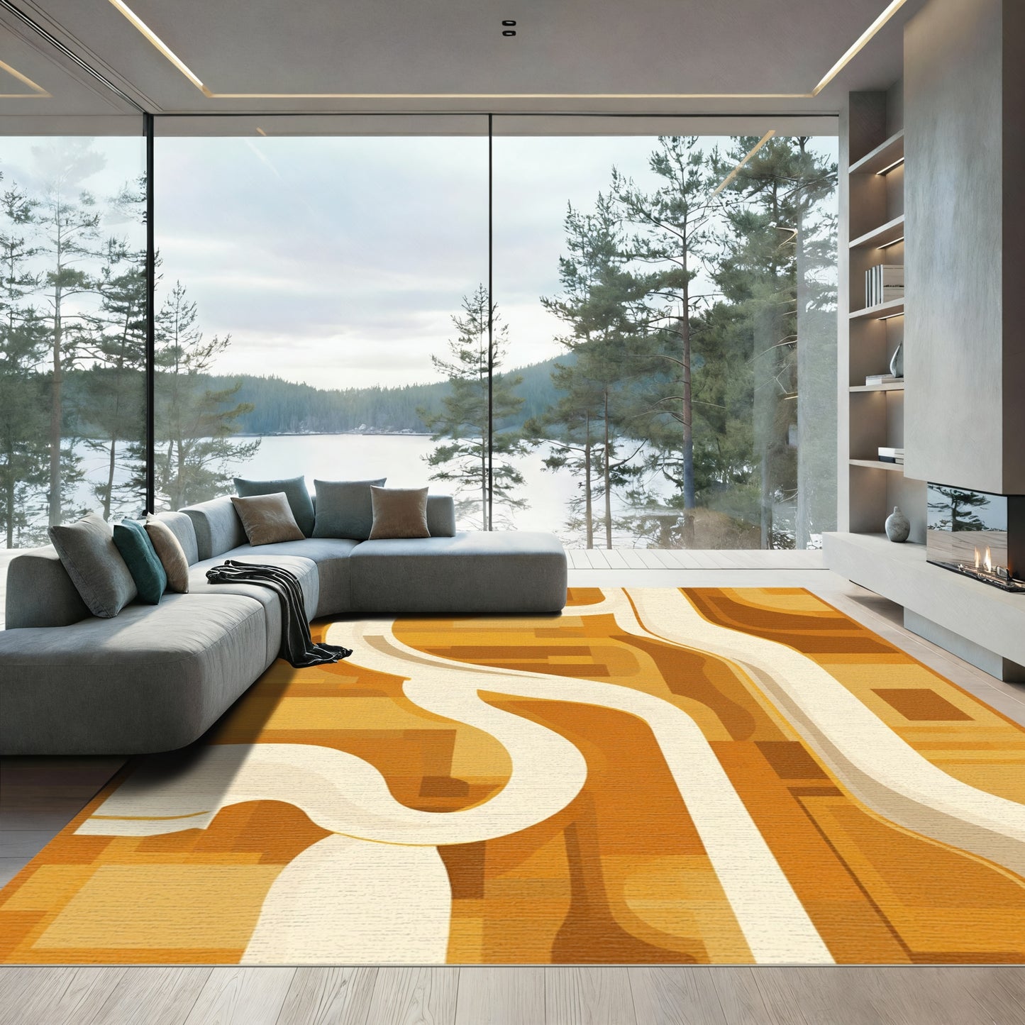 Golden Orange Abstract Flow Rug