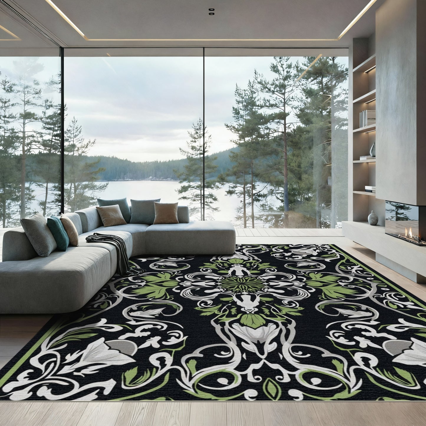 Art Nouveau Black Green Floral Scroll Rug