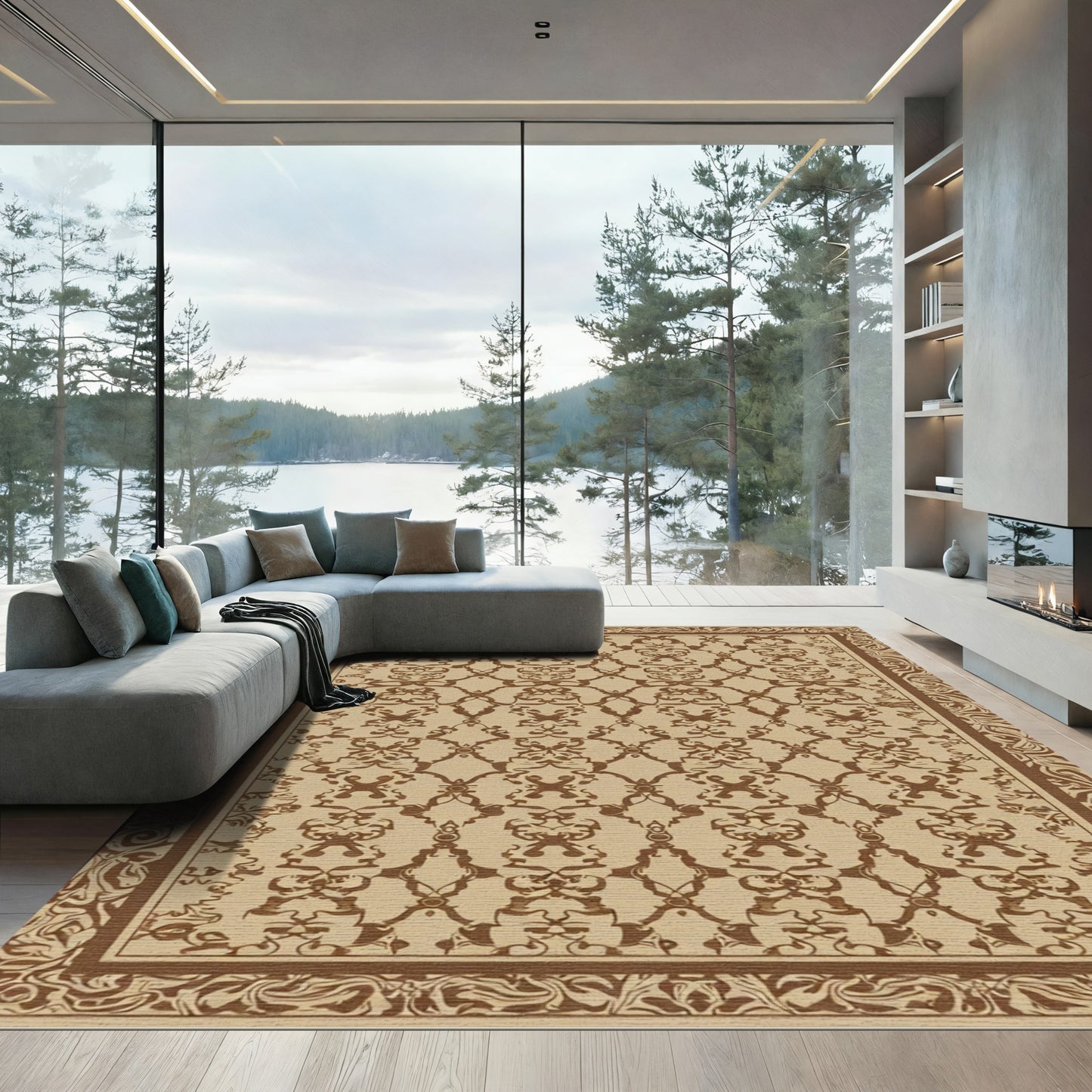 Vintage Brown Damask Scrollwork Rug