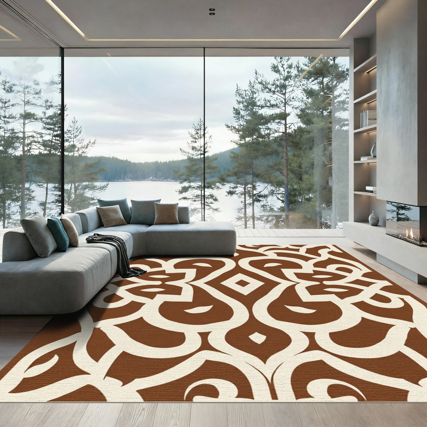 Rich Brown Ivory Lattice Ornament Rug