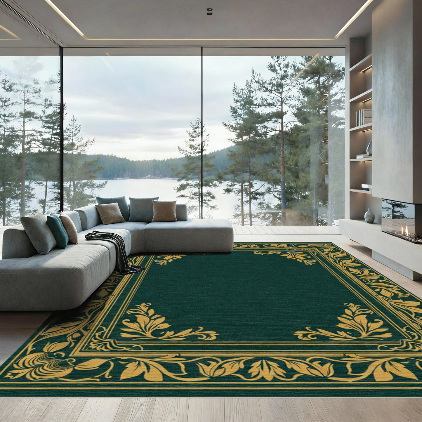 Emerald Gold Leaf Scroll Border Rug