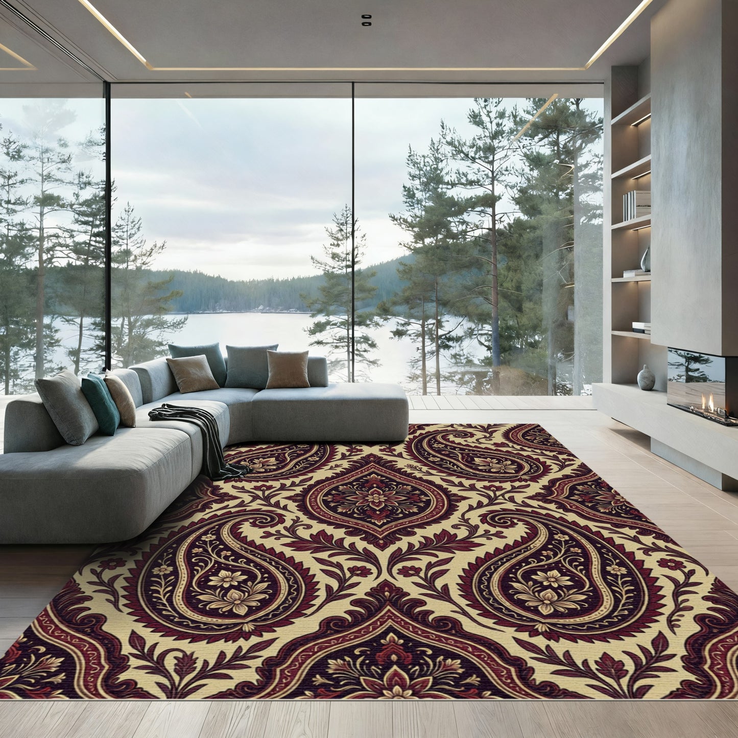 Rich Burgundy Paisley Floral Arrangement Rug