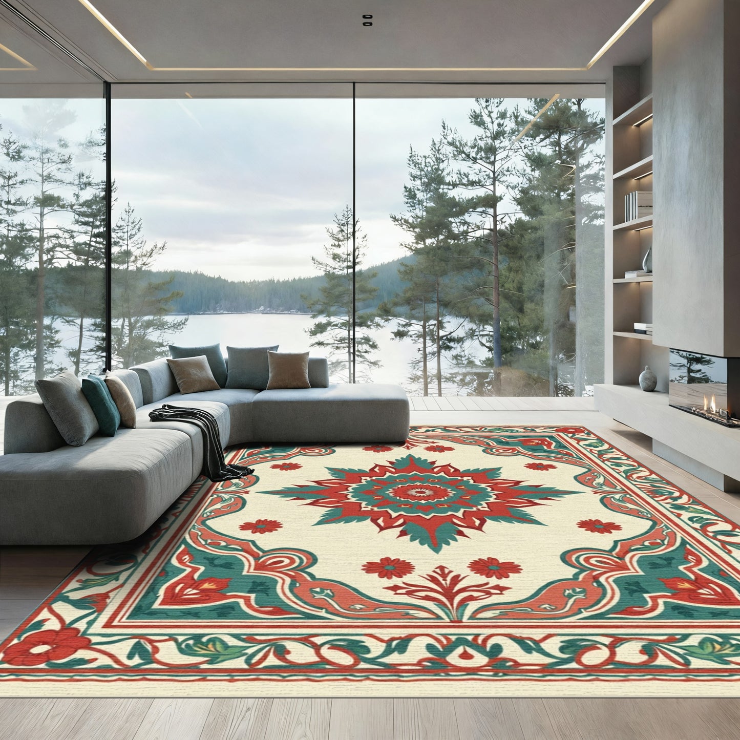 Crimson Teal Floral Medallion Border Rug