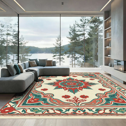 Crimson Teal Floral Medallion Border Rug