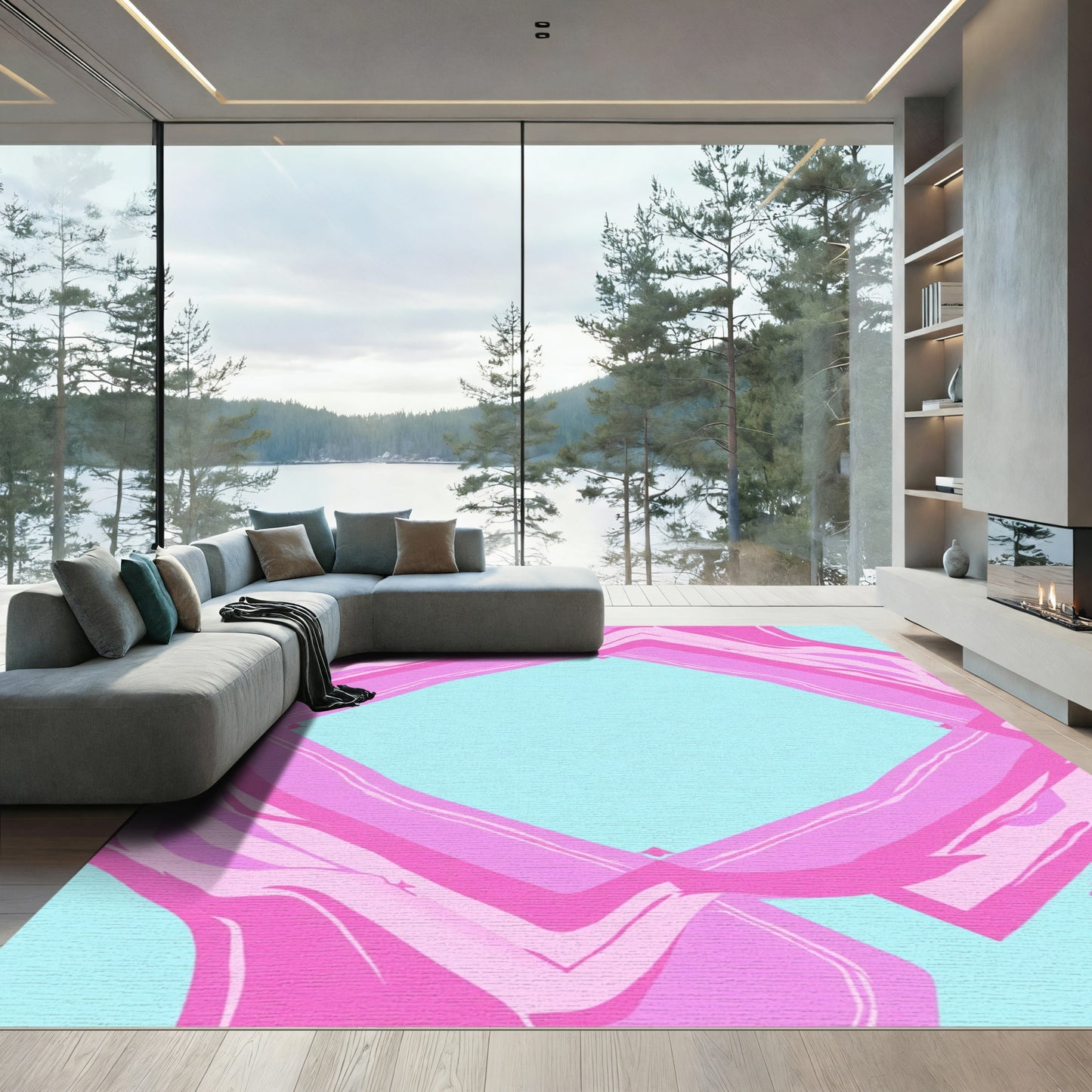 Pink Teal Abstract Diamond Ribbons Rug