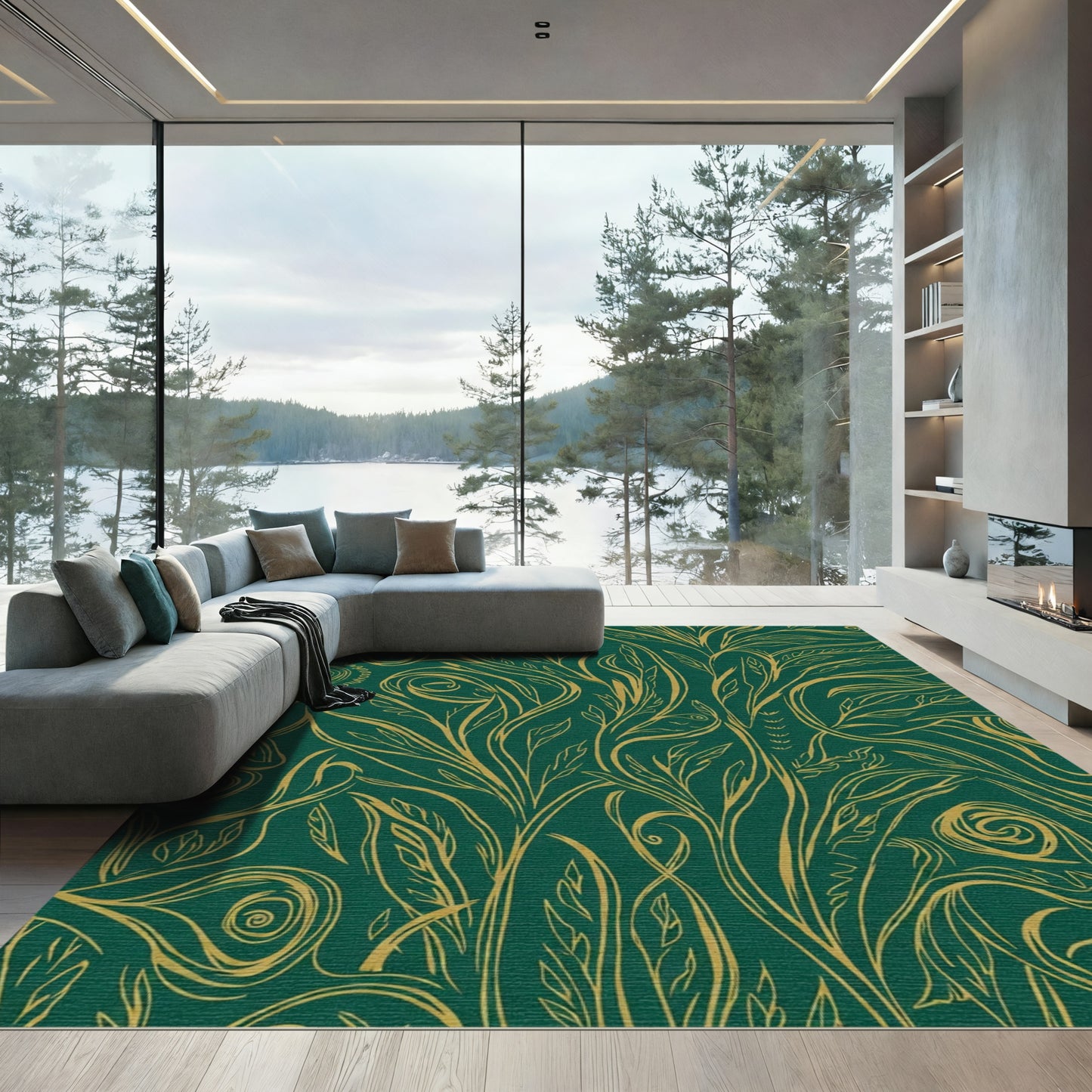 Emerald Gold Swirling Vine Botanical Rug