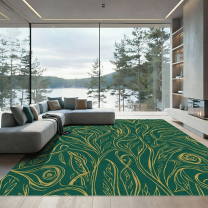 Emerald Gold Swirling Vine Botanical Rug