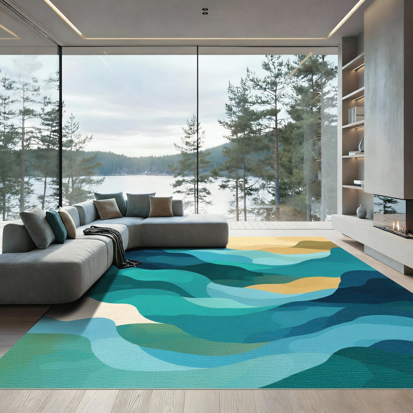 Abstract Teal Gold Flowing Waves Rug