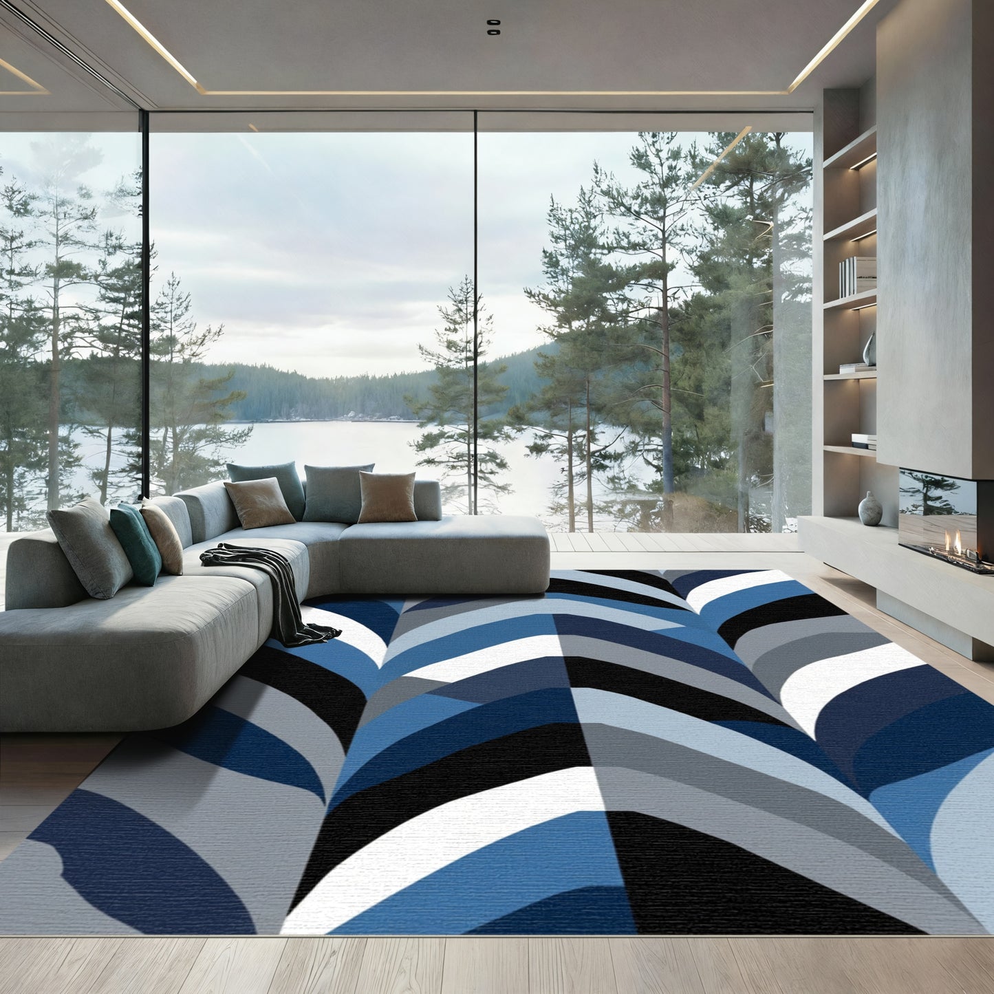 Chic Blue Abstract Chevron Rug