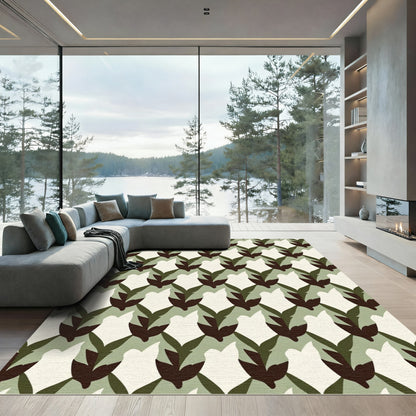 Earthy Green Tan Leaf Medallion Rug