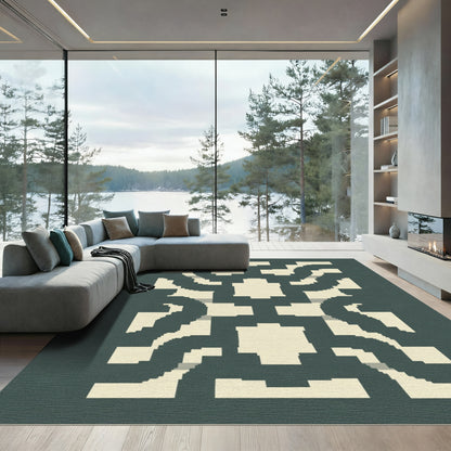 Dark Teal Cream Interlocking Maze Rug