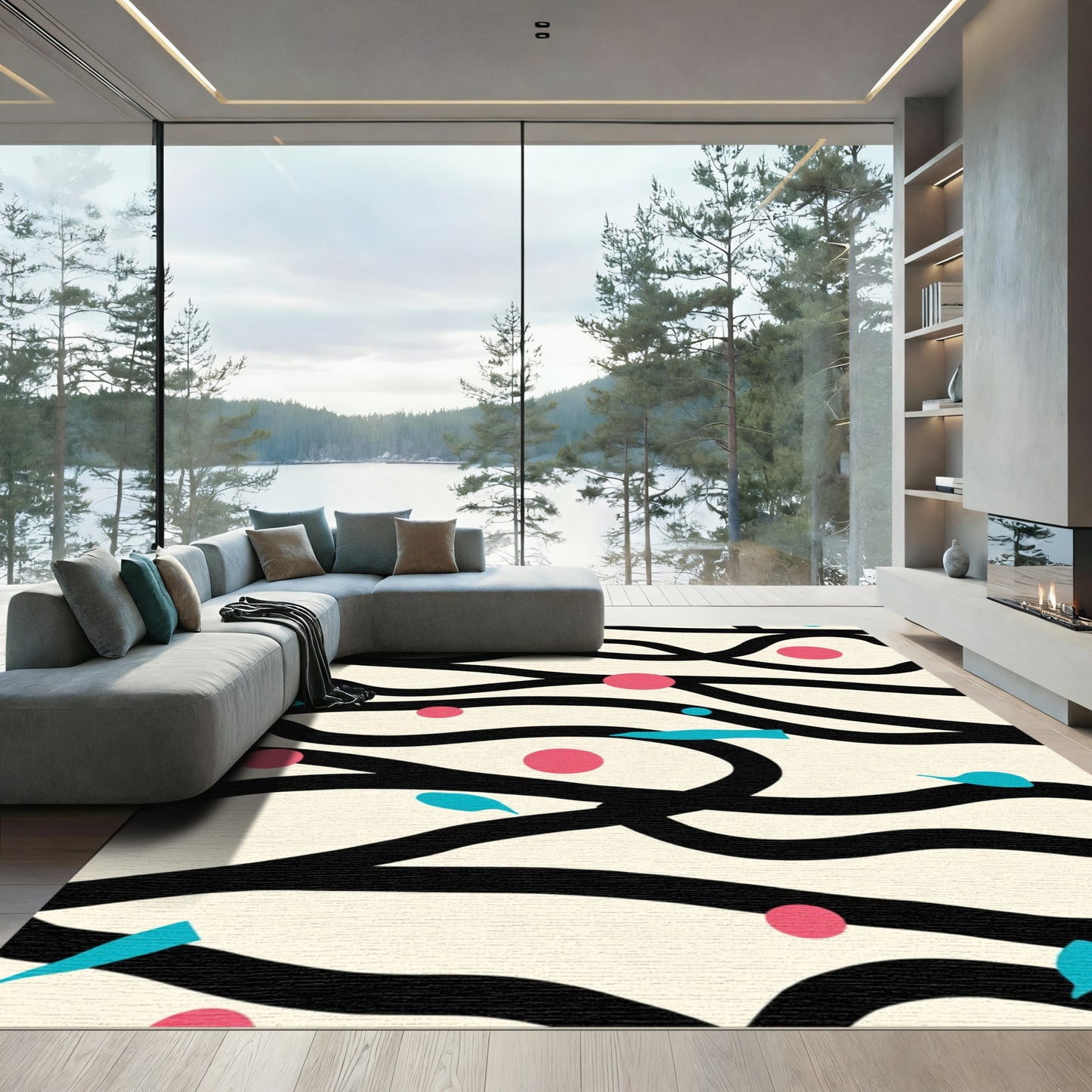 Whimsical Cream Black Flowing Circles Rug