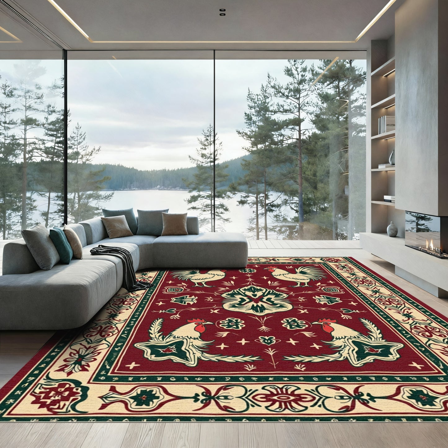 Crimson Rooster Folk Art Rug