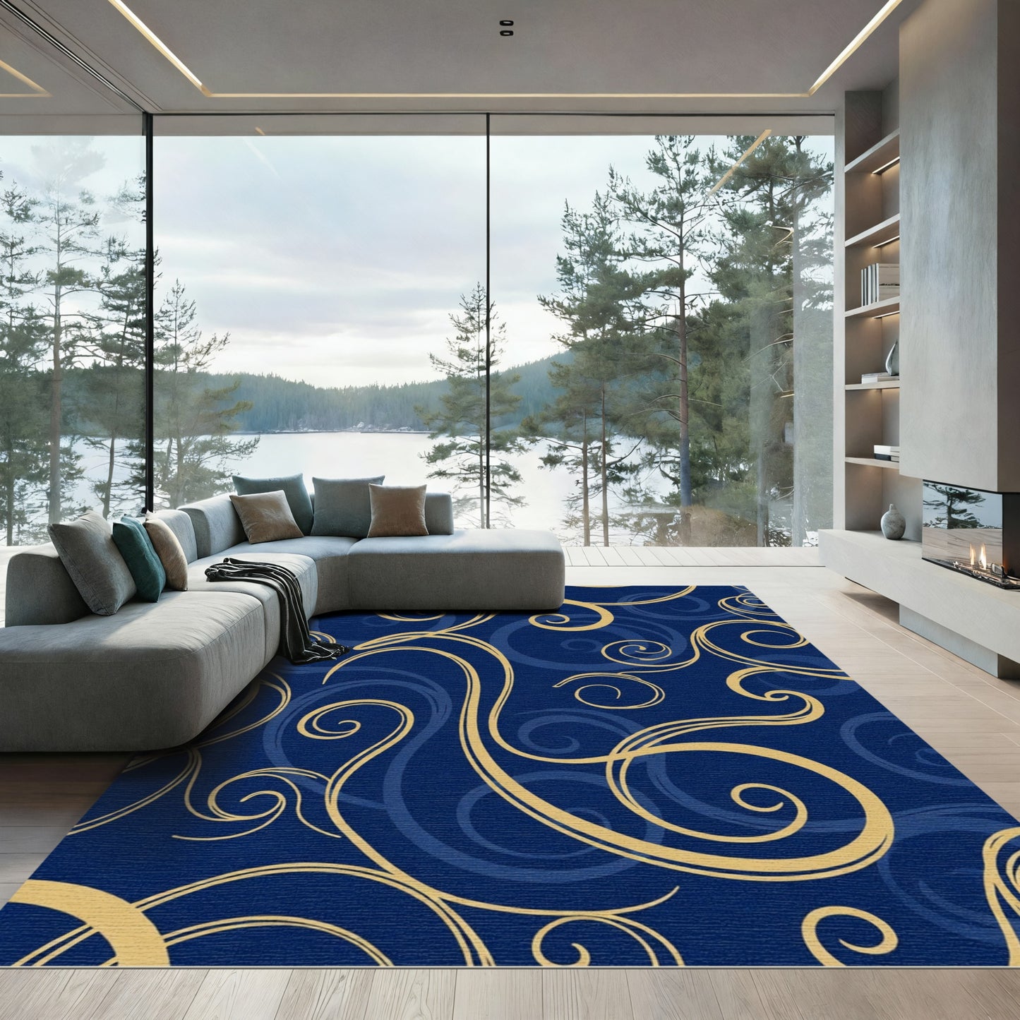 Golden Swirl Arabesque Navy Rug