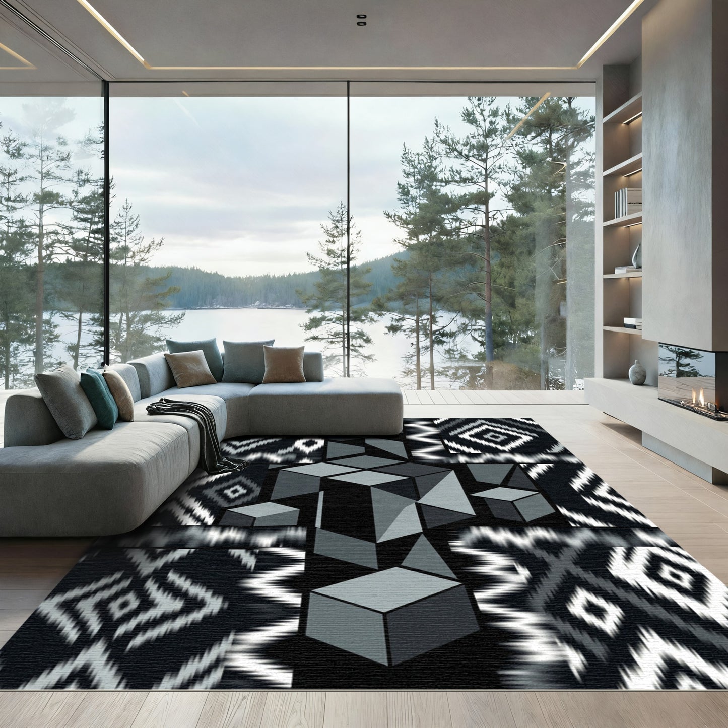 Monochromatic Geometric Cubes Ikat Collage Rug