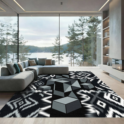 Monochromatic Geometric Cubes Ikat Collage Rug