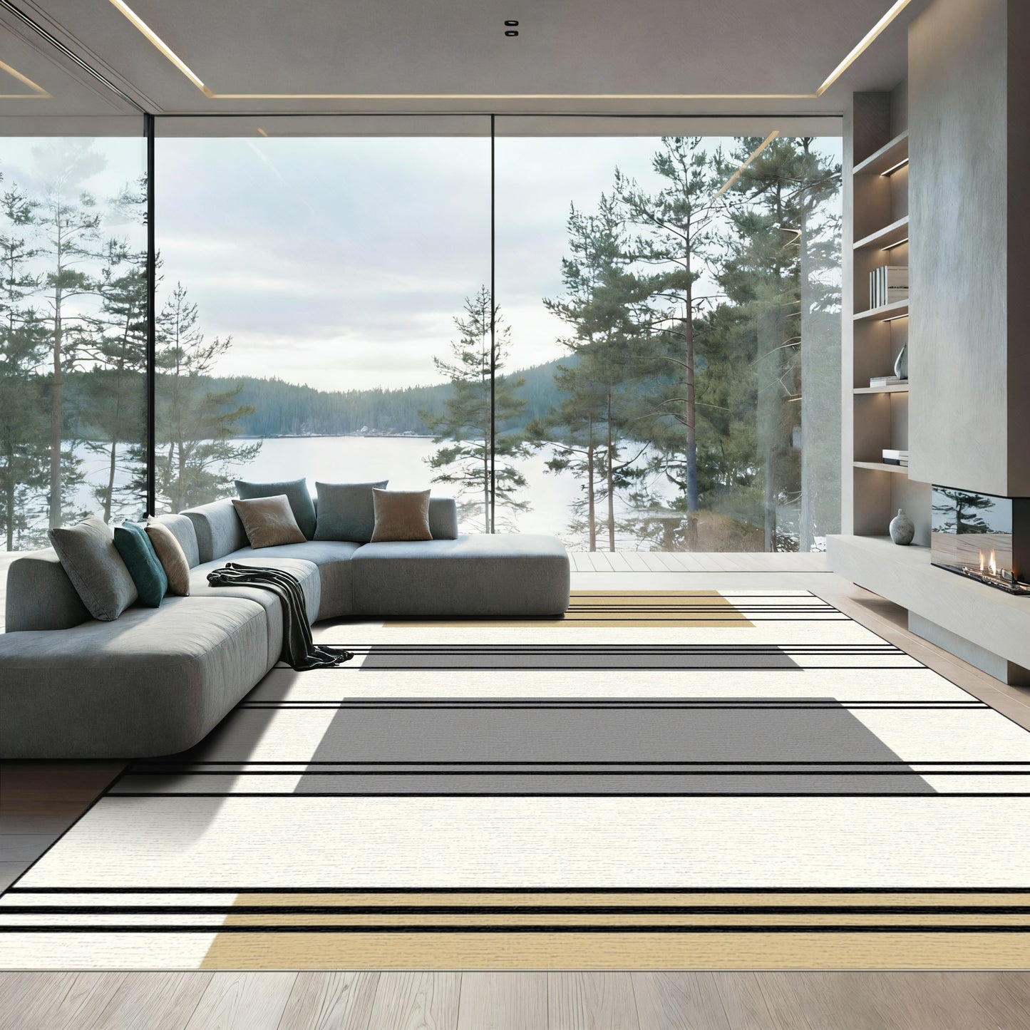 Abstract Tan Gray Grid Lines Rug