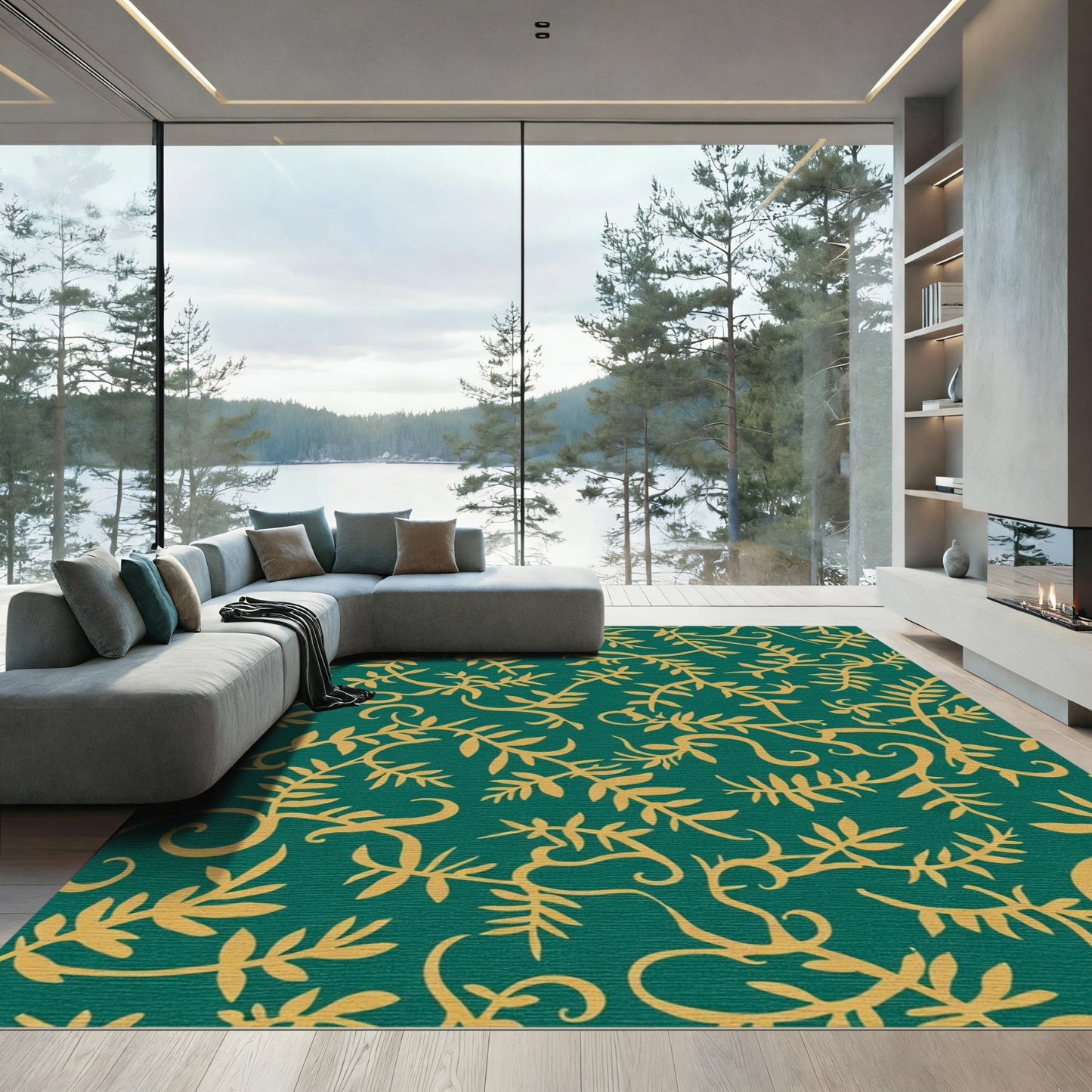 Emerald Green Gold Leaf Swirl Rug