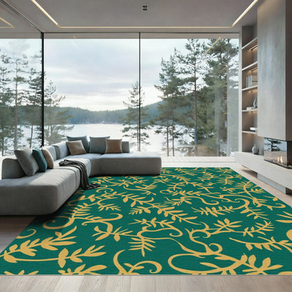 Emerald Green Gold Leaf Swirl Rug