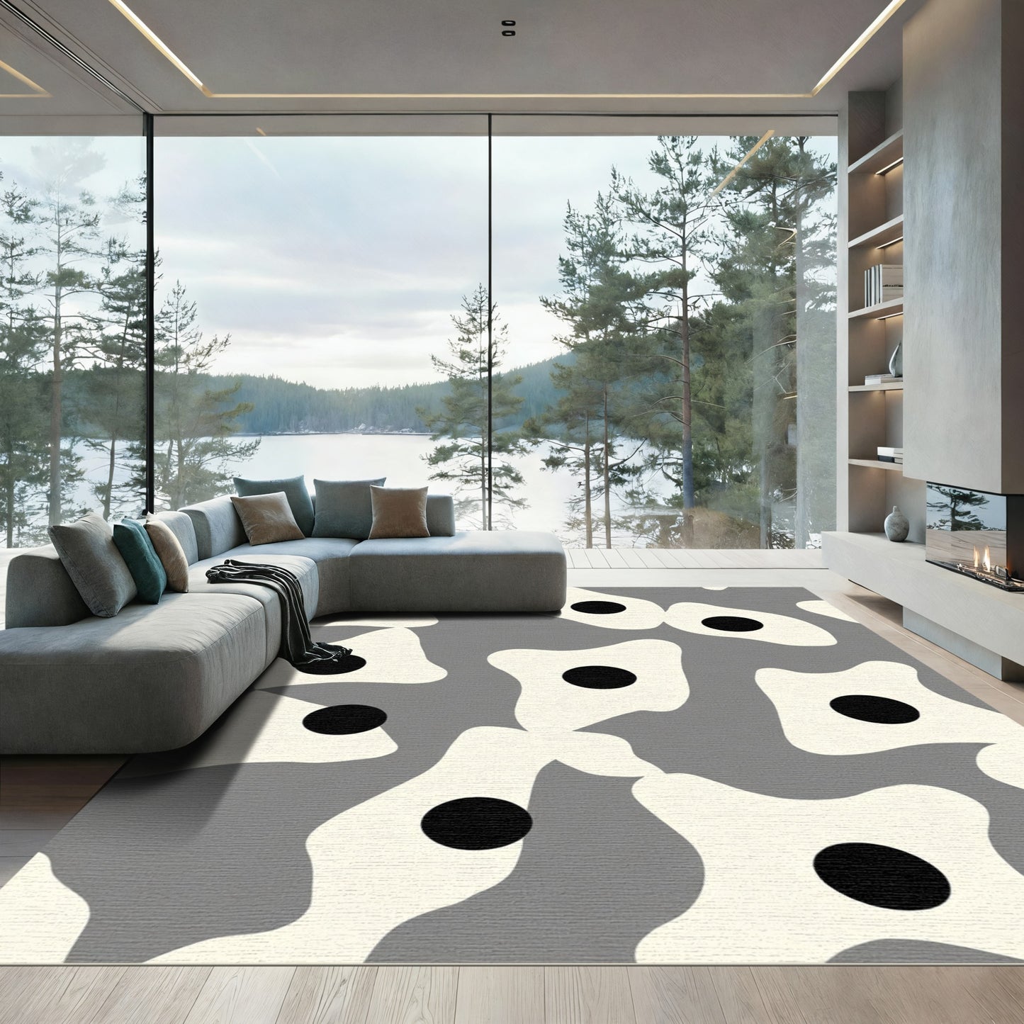 Modern Ivory Black Organic Form Rug