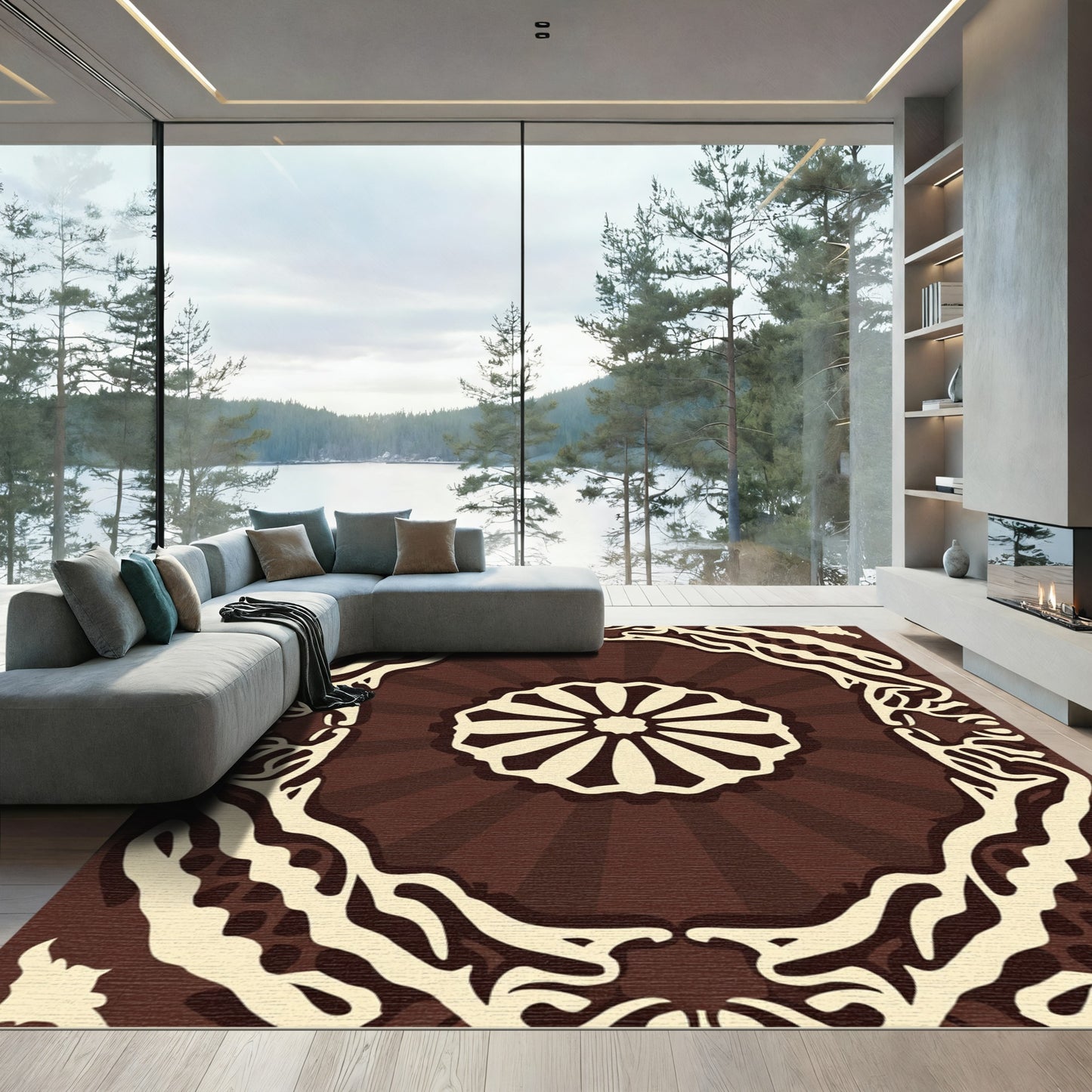 Dark Brown Sunburst Floral Medallion Rug