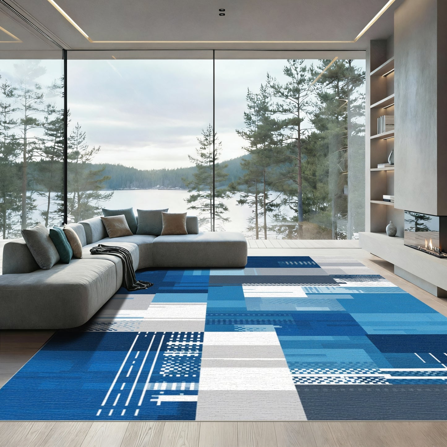 Abstract Geometric Blue Tonal Rectangles Rug