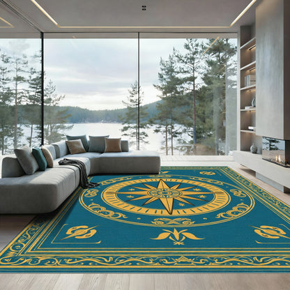 Teal Sun Compass Emblem Rug