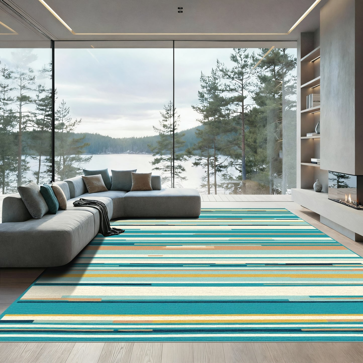 Modern Teal Striped Abstract Rug