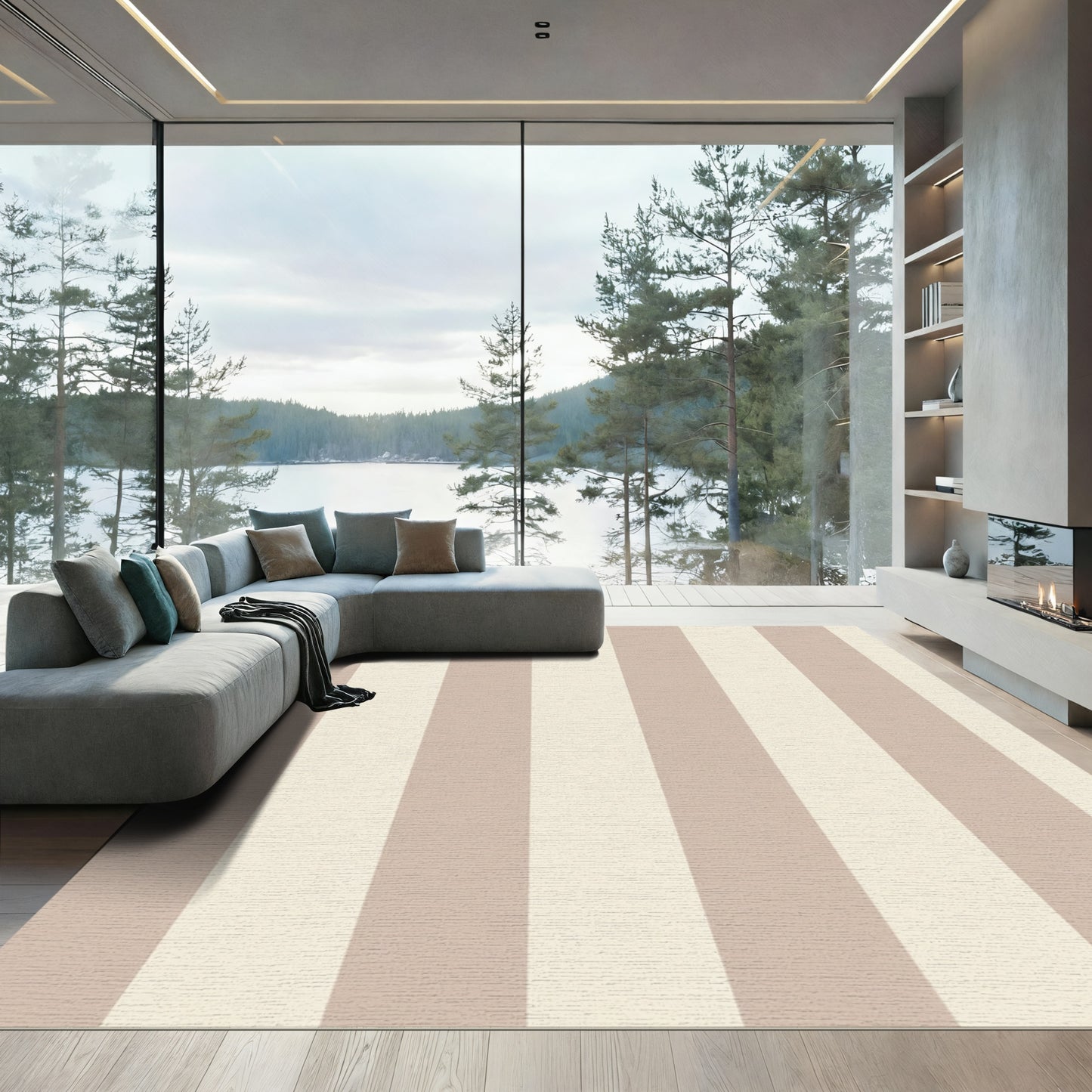 Neutral Beige Cream Stripe Rug