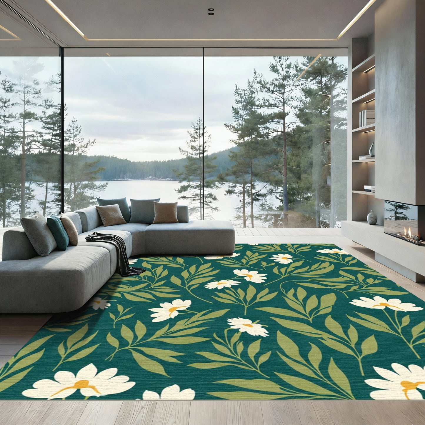 Deep Teal White Daisy Botanical Rug