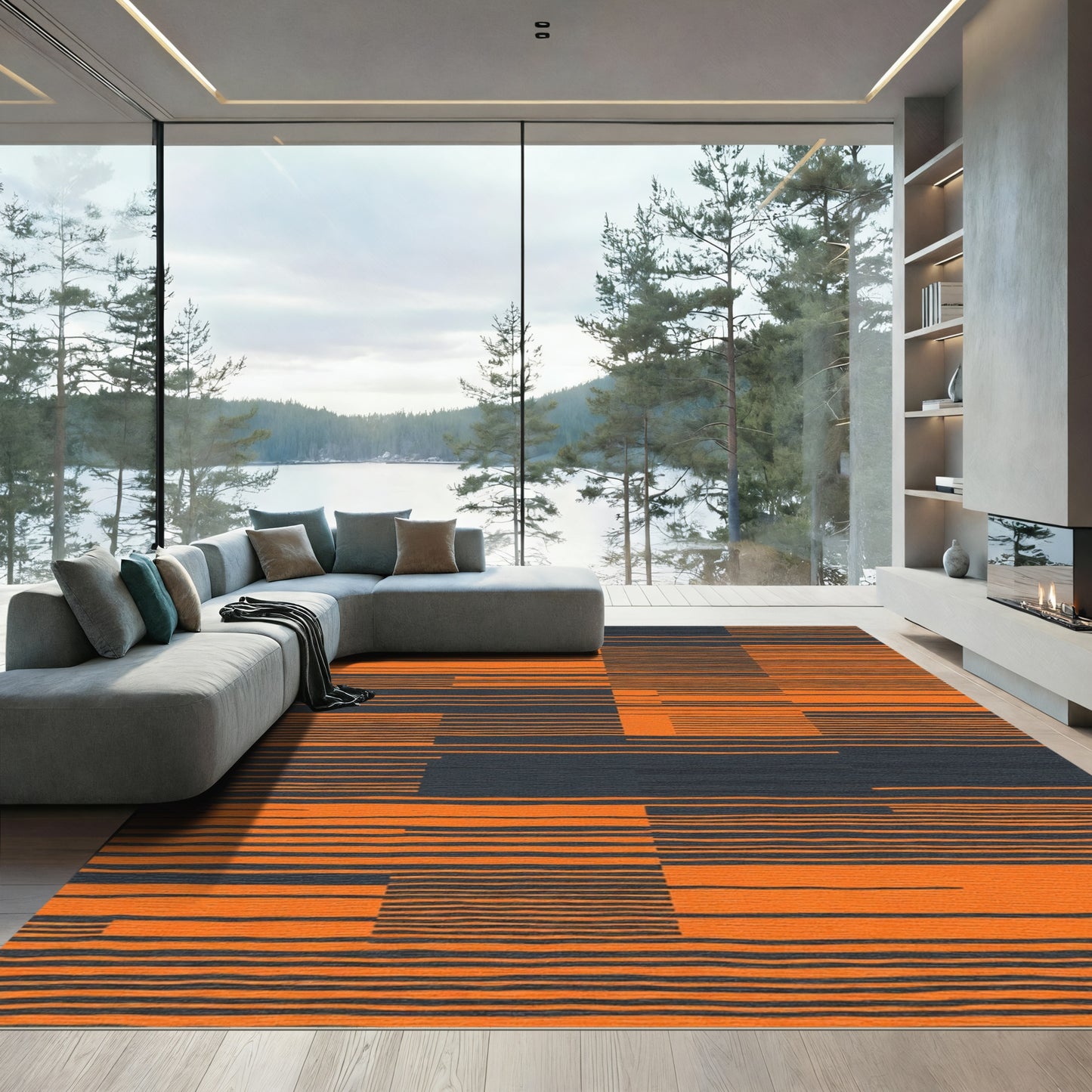 Orange Gray Linear Blocks Rug