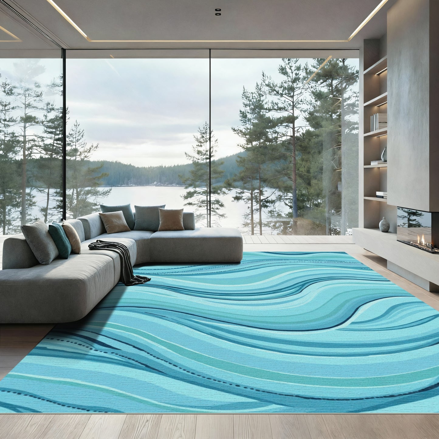 Aqua Blue Wavy Stripe Harmony Rug