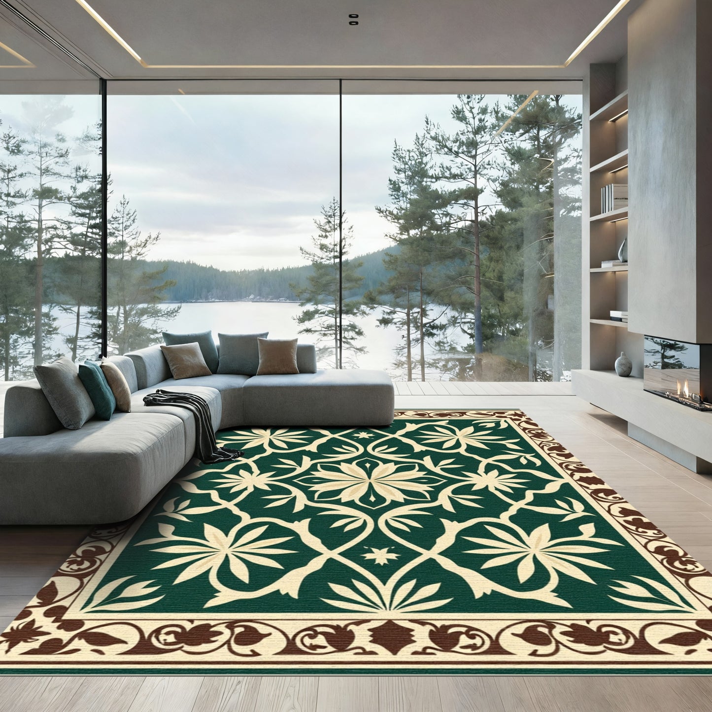 Emerald Green Floral Vines Border Rug