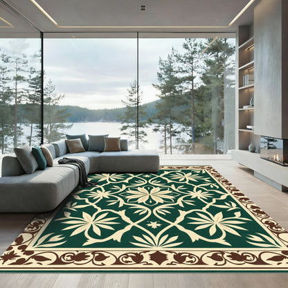 Emerald Green Floral Vines Border Rug