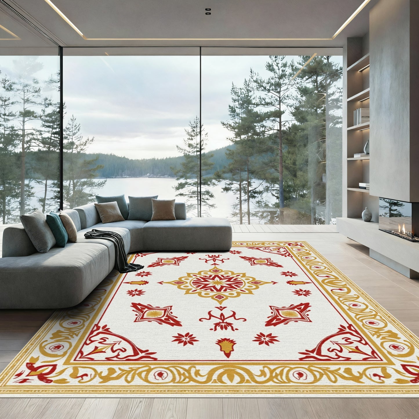 Crimson Gold Floral Mandala Rug