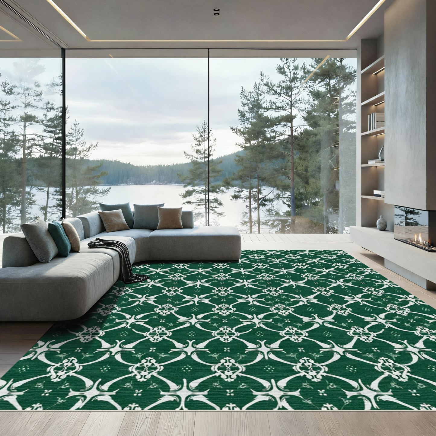 Rich Emerald White Damask Symmetry Rug