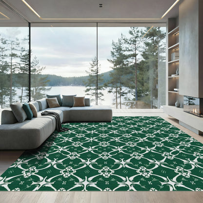 Rich Emerald White Damask Symmetry Rug