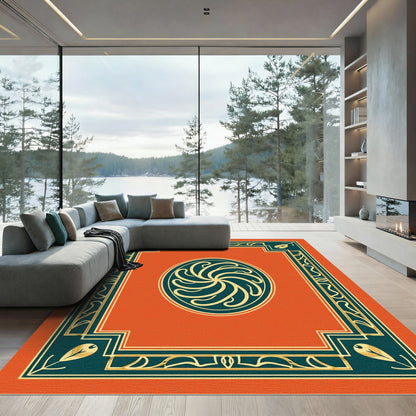 Orange Teal Swirling Feathered Frame Rug