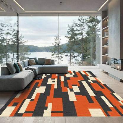 Modern Abstract Red Cream Geometric Blocks Rug