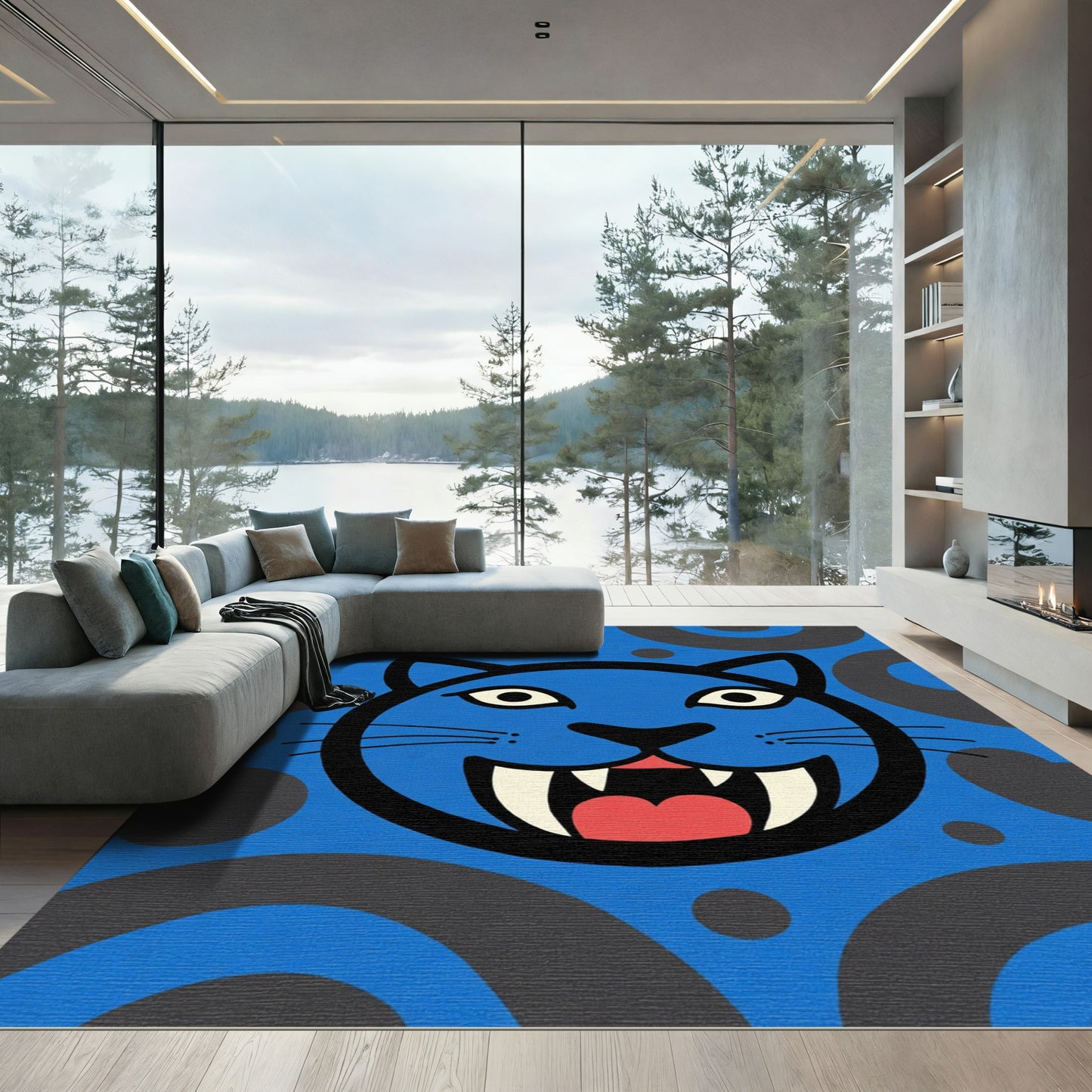 Whimsical Blue Fanged Cat Face Rug