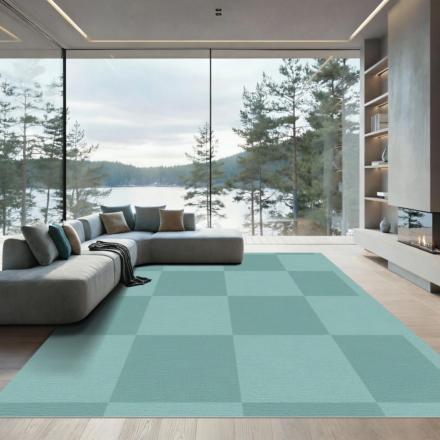 Two Tone Teal Checkerboard Squares Rug