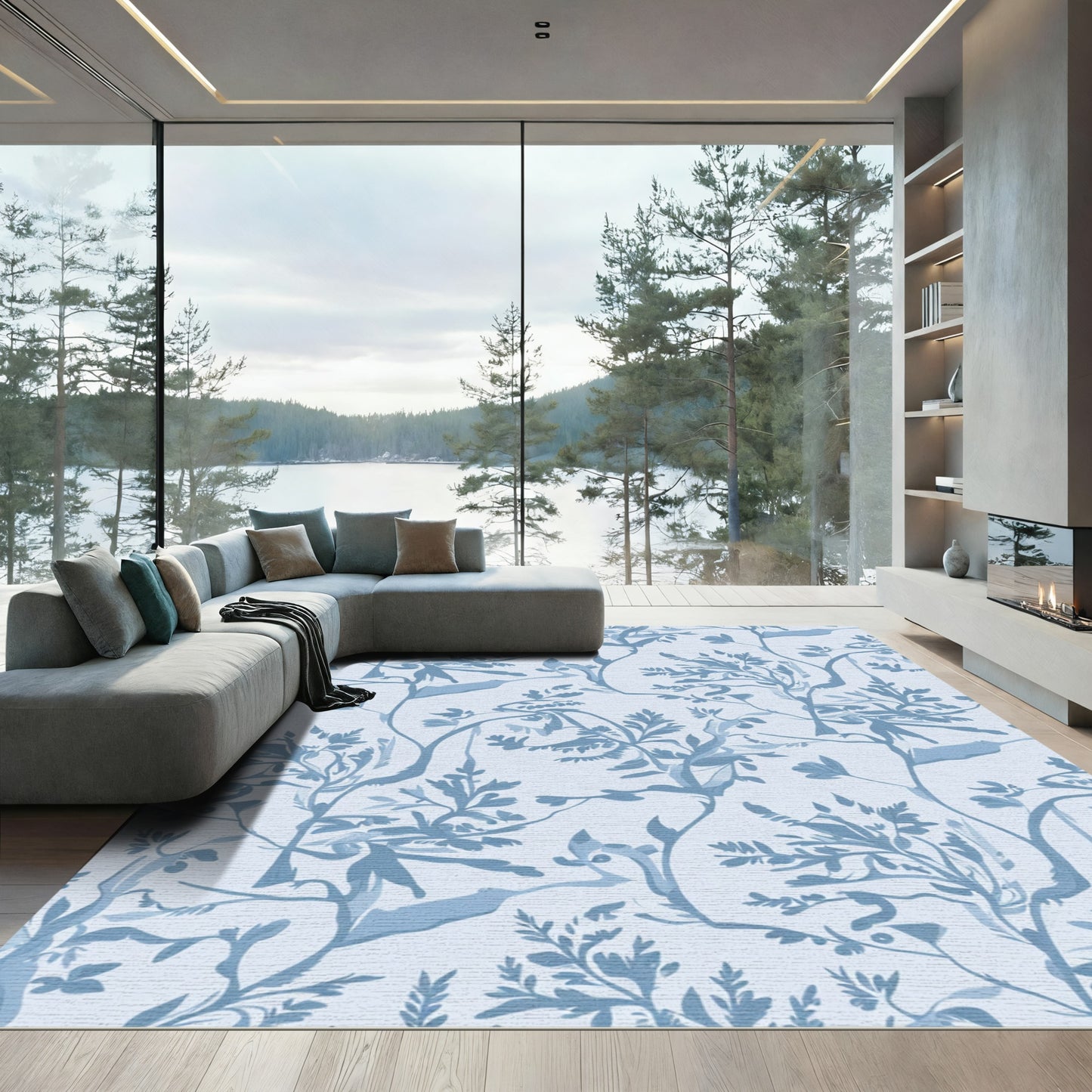 Light Blue Botanical Vine Art Rug