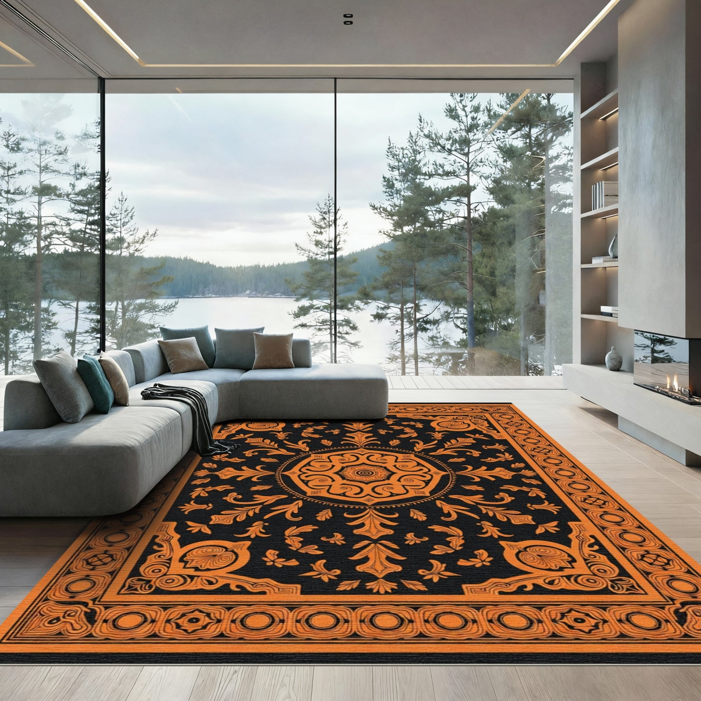 Orange Black Medallion Floral Scroll Rug