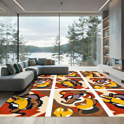 Bold Cubist Animal Portrait Brown Gold Rug