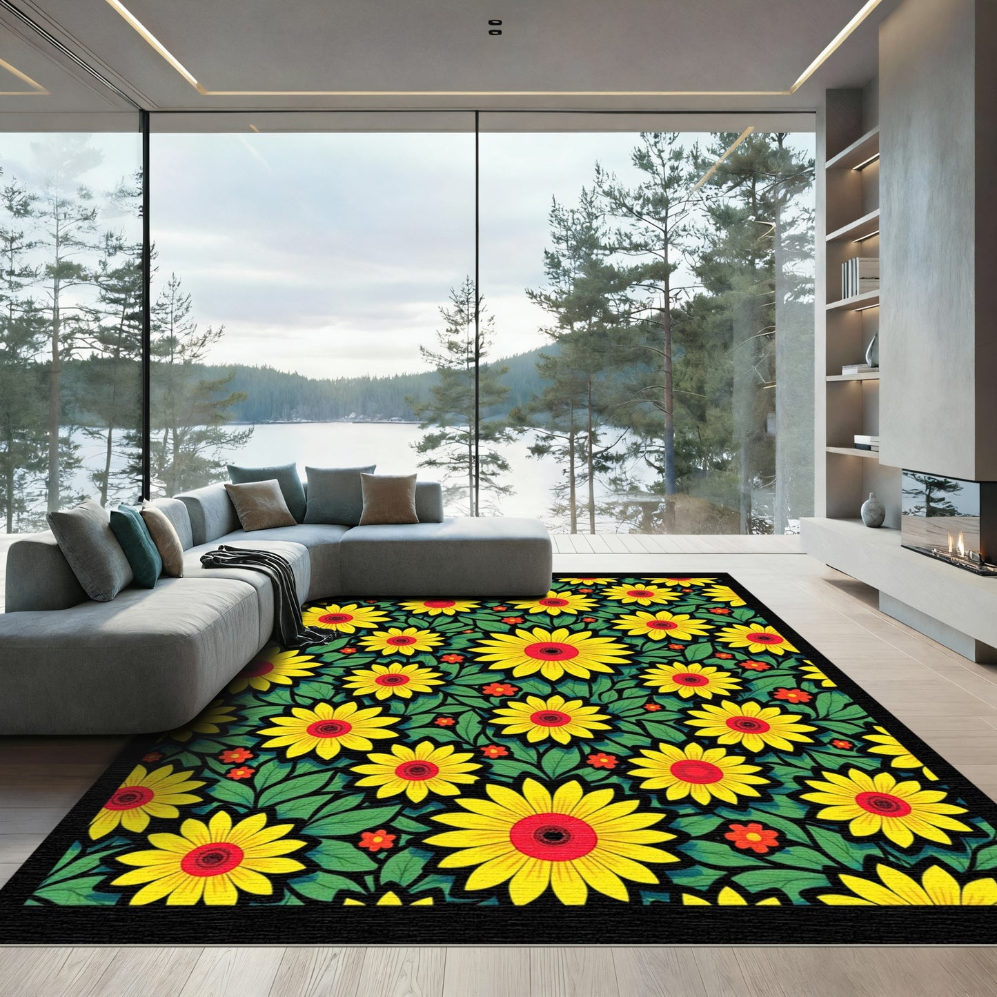 Yellow Red Sunflower Garden Pattern Rug