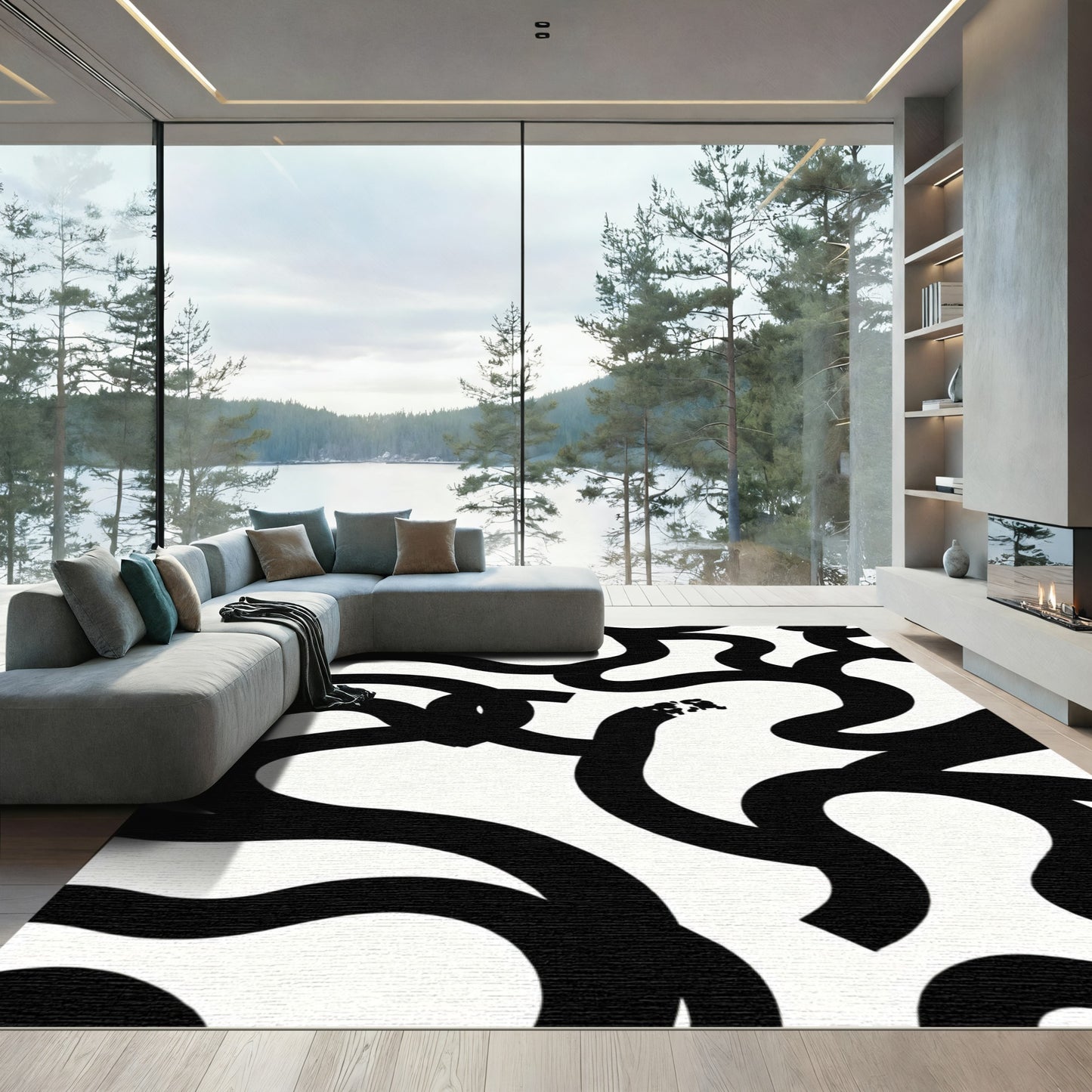 Black White Wavy Lines Abstraction Rug