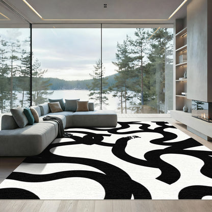Black White Wavy Lines Abstraction Rug